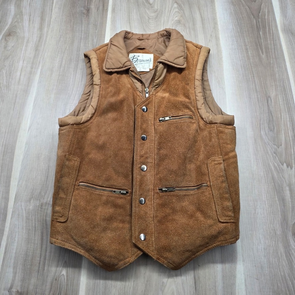 Berman's Vintage Suede Leather Vest Quilted Puffer Western Workwear 40 Brown Men